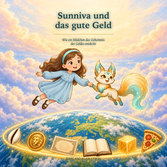 Buchcover mit dem Titel „Sunniva und das gute Geld“: Sunniva und der Lichtfuchs Sati schweben über der Erdkugel, um die ein goldener Ring mit den Stationen der Geldgeschichte läuft.